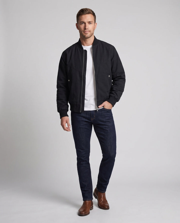 Men's casual velvet-look blouson with two-way zipper, ribbed cuffs, and concealed flap pockets