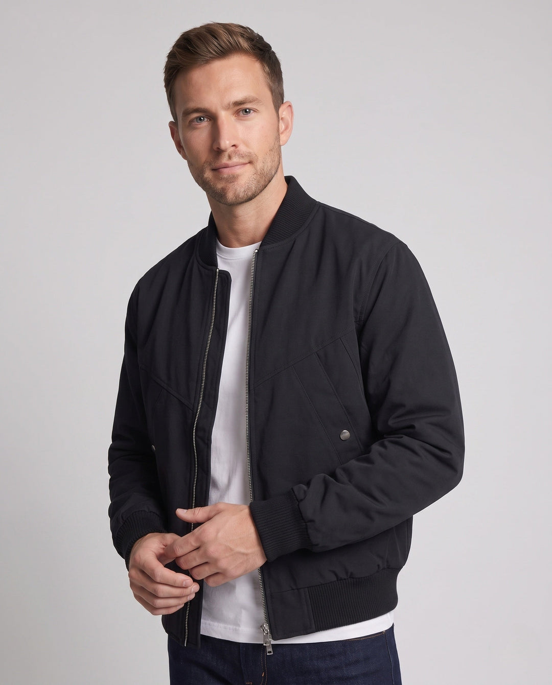 Men's casual velvet-look blouson with two-way zipper, ribbed cuffs, and concealed flap pockets