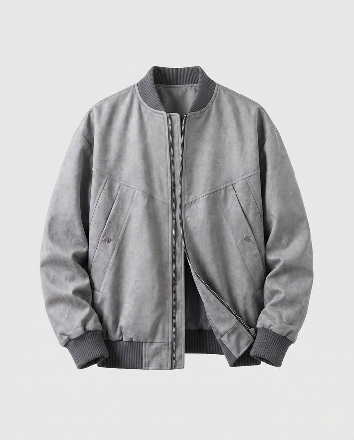 Men's casual velvet-look blouson with two-way zipper, ribbed cuffs, and concealed flap pockets