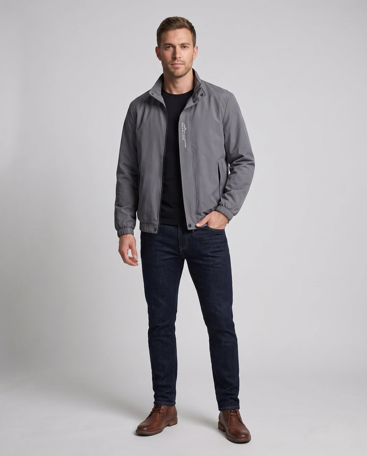Men's lightweight microfiber windbreaker with stand-up collar, water-repellent surface, and concealed pockets