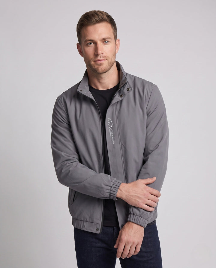 Men's lightweight microfiber windbreaker with stand-up collar, water-repellent surface, and concealed pockets