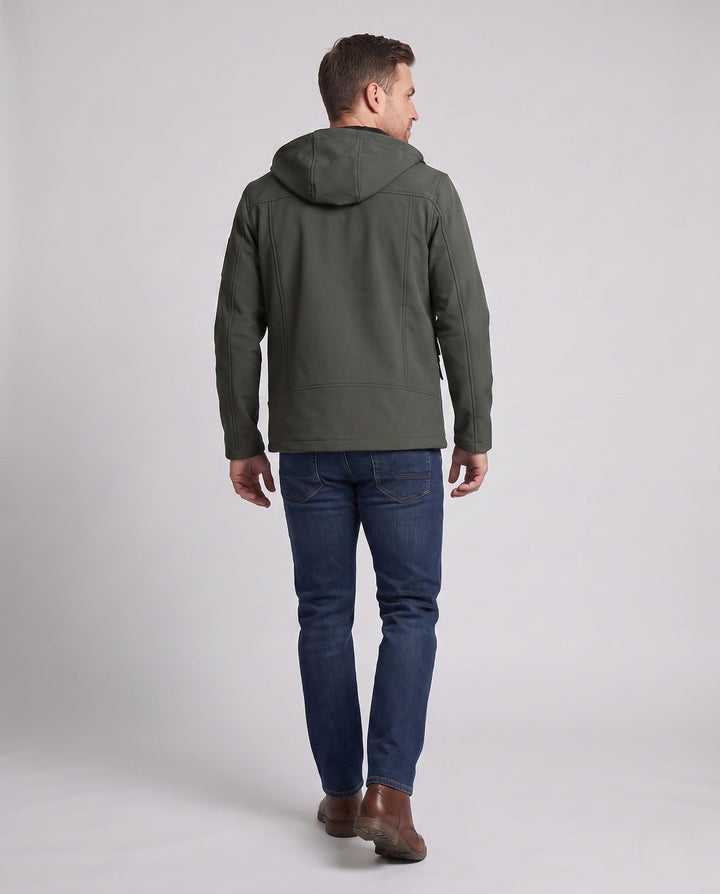 Men's lightweight softshell parka with hood, wind-resistant surface, hidden zipper, and flap pockets