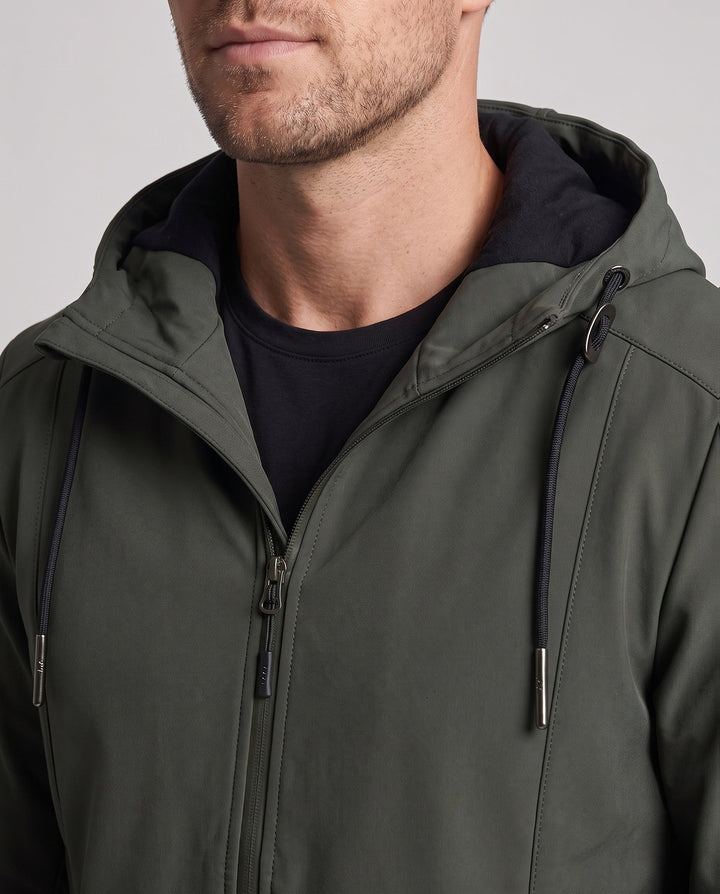 Men's lightweight softshell parka with hood, wind-resistant surface, hidden zipper, and flap pockets