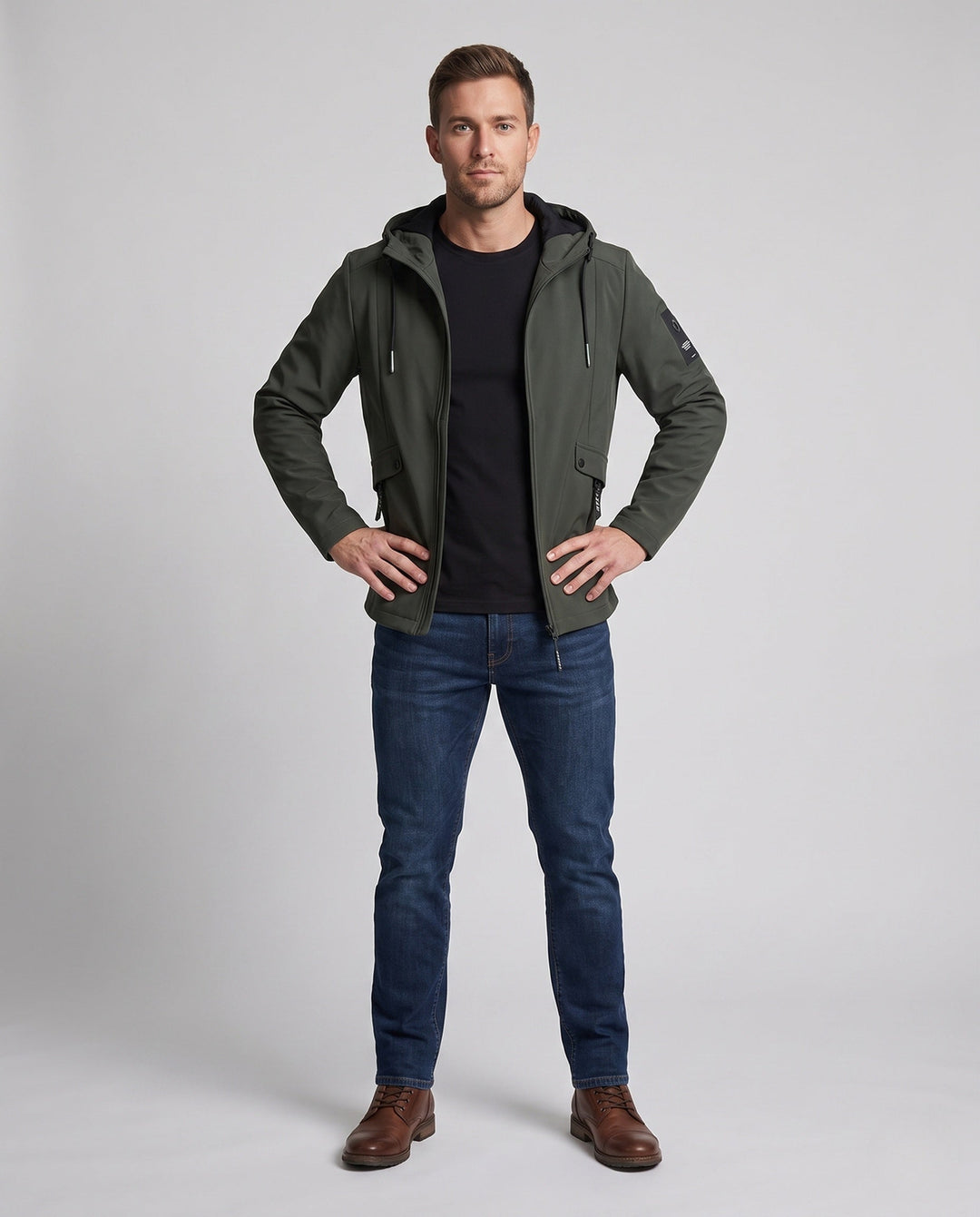 Men's lightweight softshell parka with hood, wind-resistant surface, hidden zipper, and flap pockets