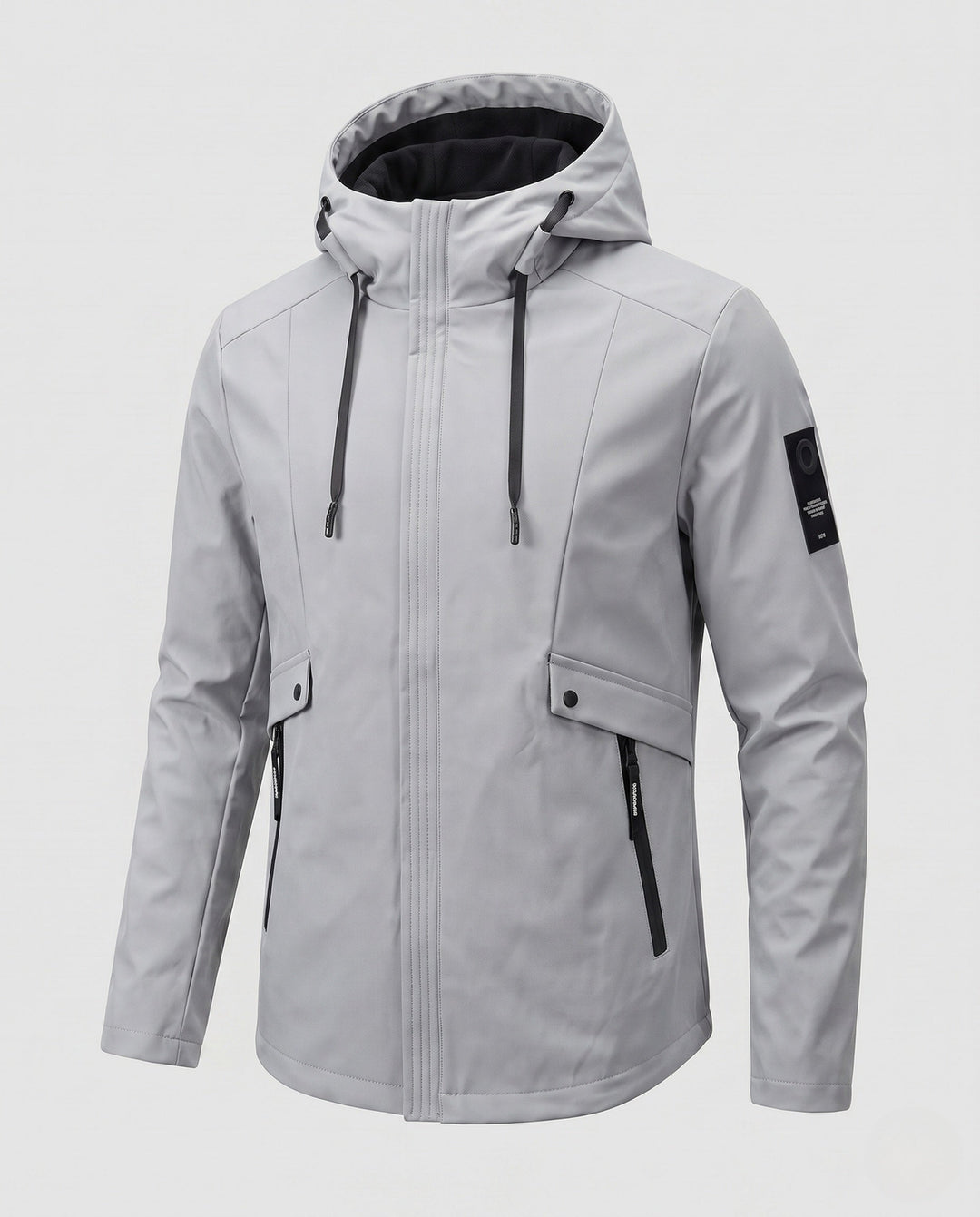 Men's lightweight softshell parka with hood, wind-resistant surface, hidden zipper, and flap pockets