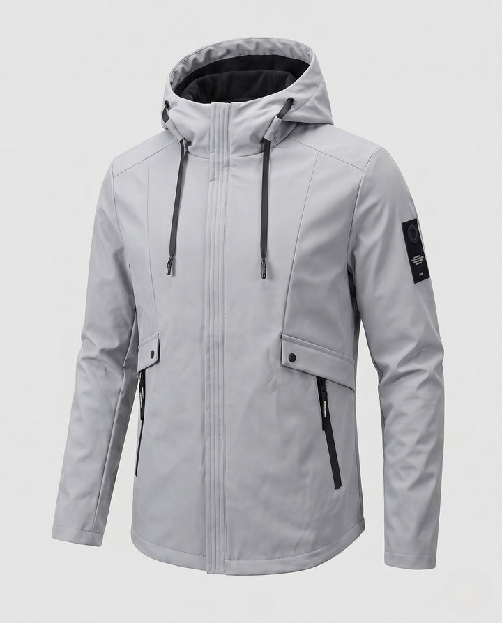 Men's lightweight softshell parka with hood, wind-resistant surface, hidden zipper, and flap pockets