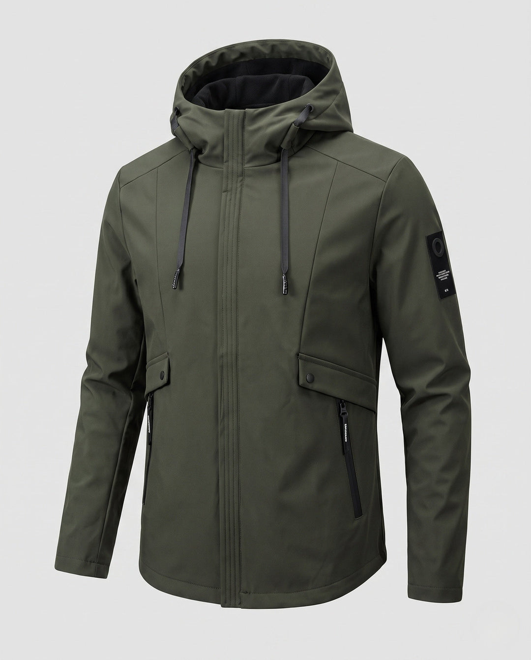 Men's lightweight softshell parka with hood, wind-resistant surface, hidden zipper, and flap pockets