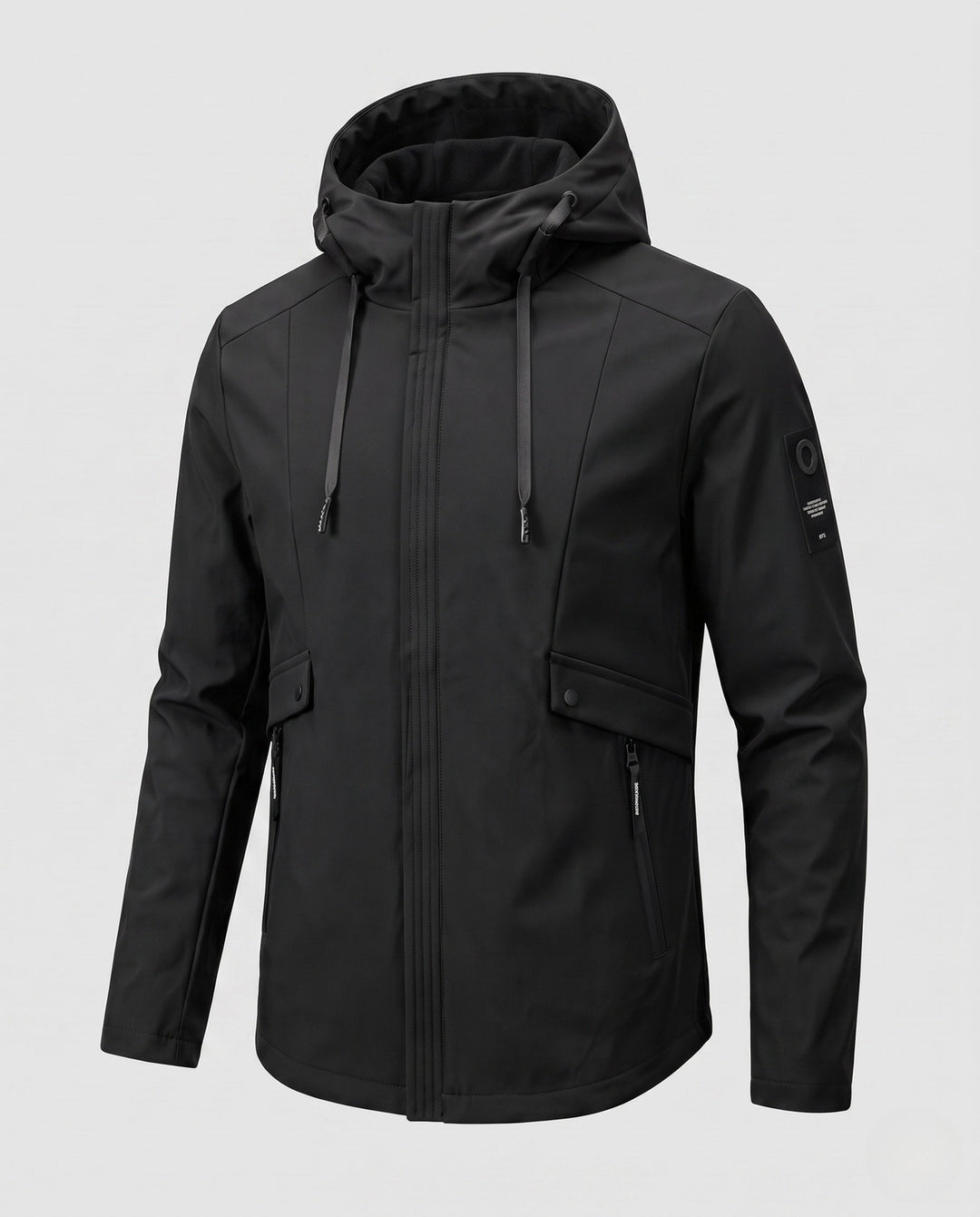 Men's lightweight softshell parka with hood, wind-resistant surface, hidden zipper, and flap pockets