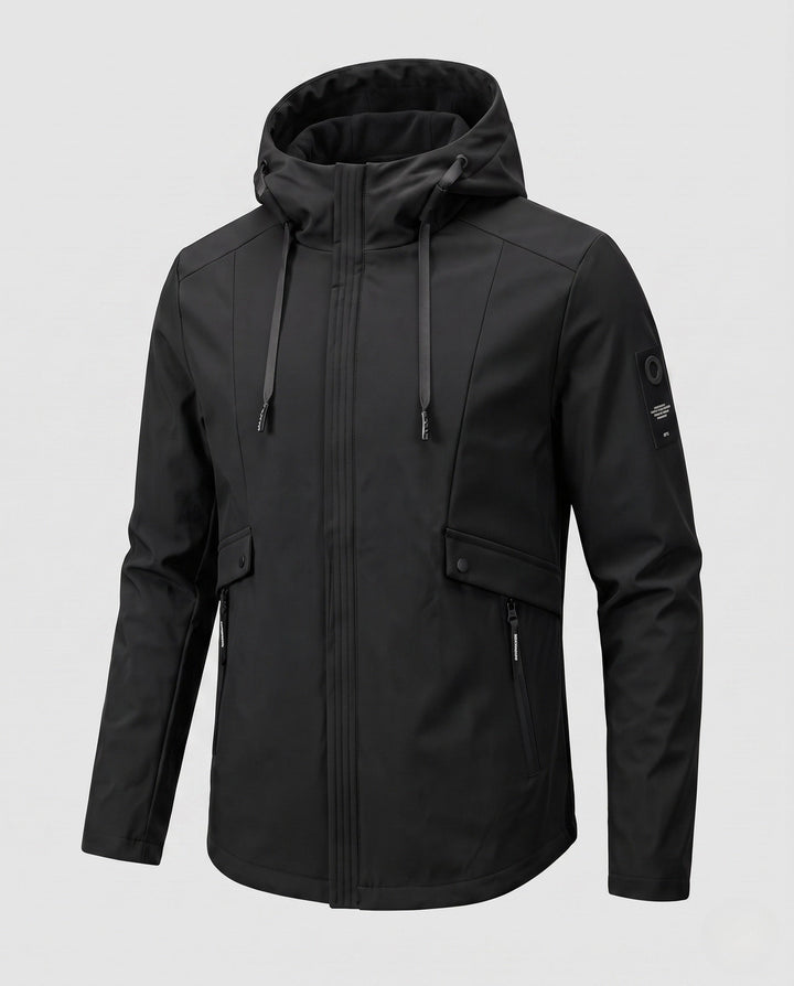 Men's lightweight softshell parka with hood, wind-resistant surface, hidden zipper, and flap pockets