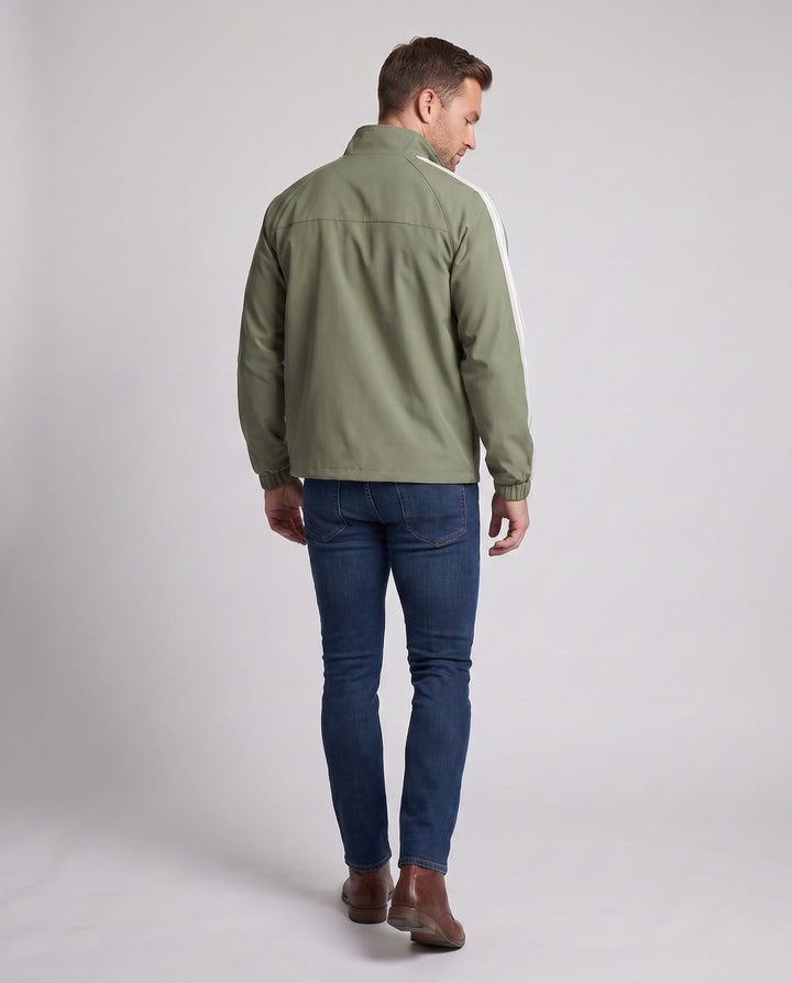 Men's lightweight sports jacket with sleeve stripes, full-length zipper, and elastic cuffs
