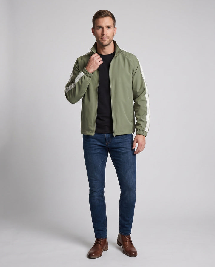 Men's lightweight sports jacket with sleeve stripes, full-length zipper, and elastic cuffs