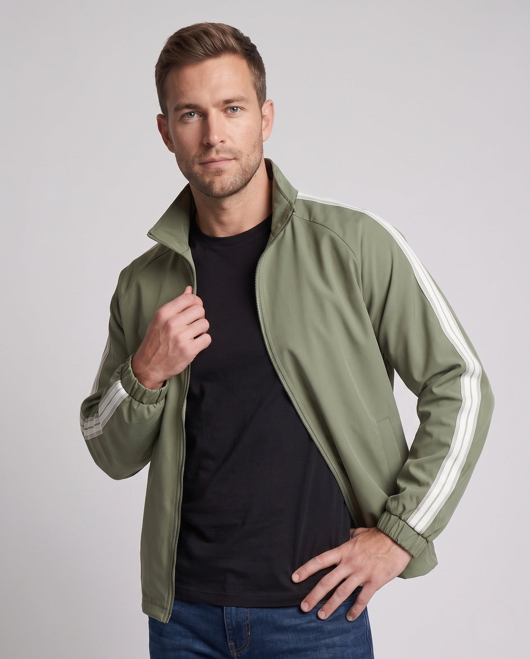 Men's lightweight sports jacket with sleeve stripes, full-length zipper, and elastic cuffs