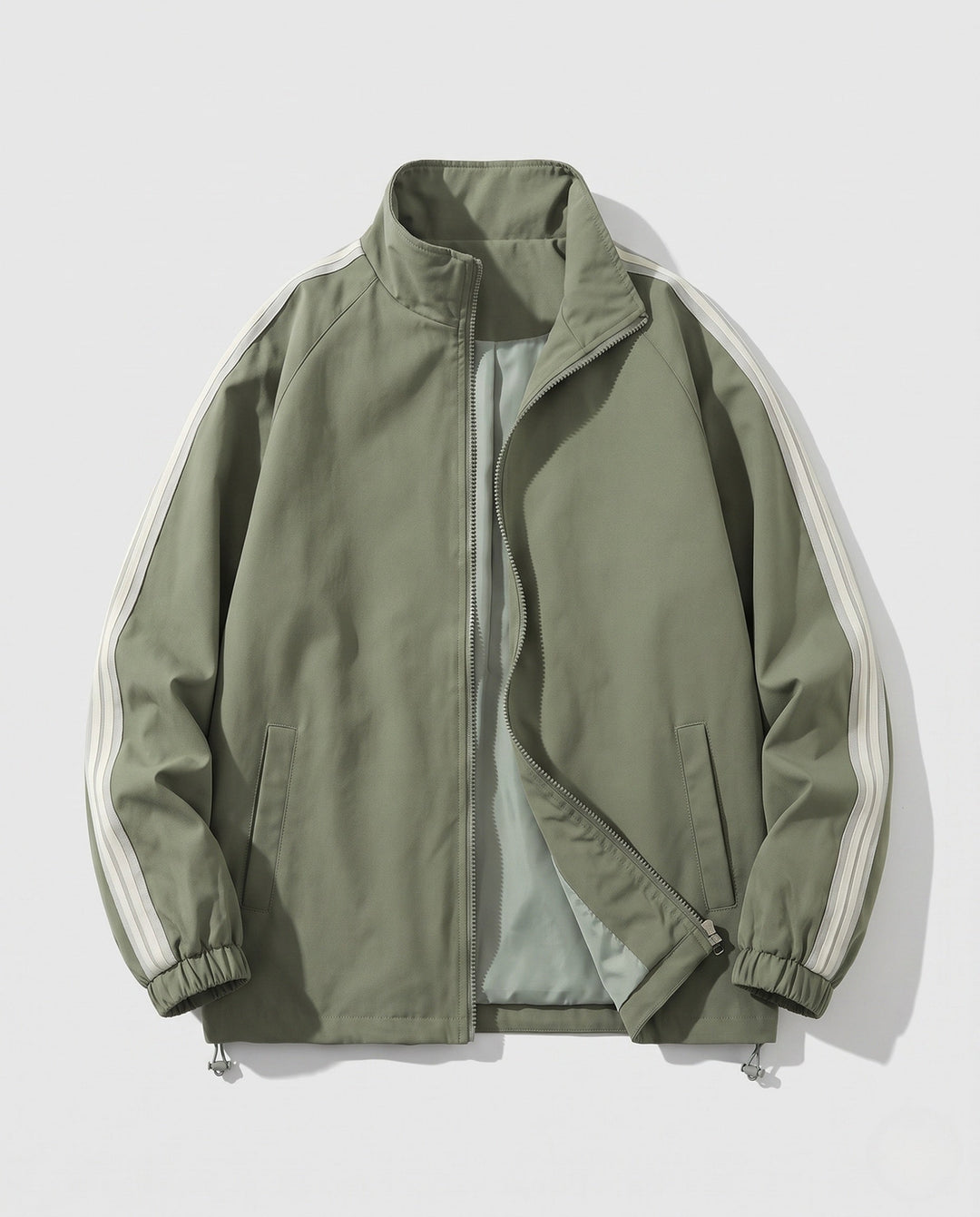 Men's lightweight sports jacket with sleeve stripes, full-length zipper, and elastic cuffs