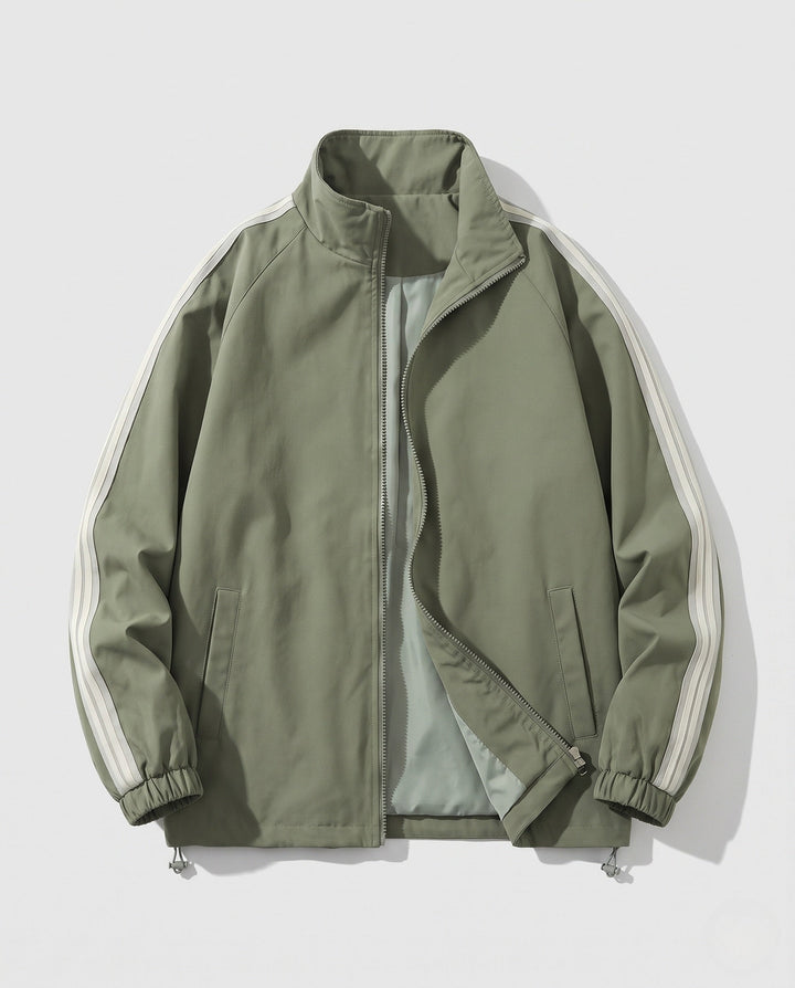 Men's lightweight sports jacket with sleeve stripes, full-length zipper, and elastic cuffs