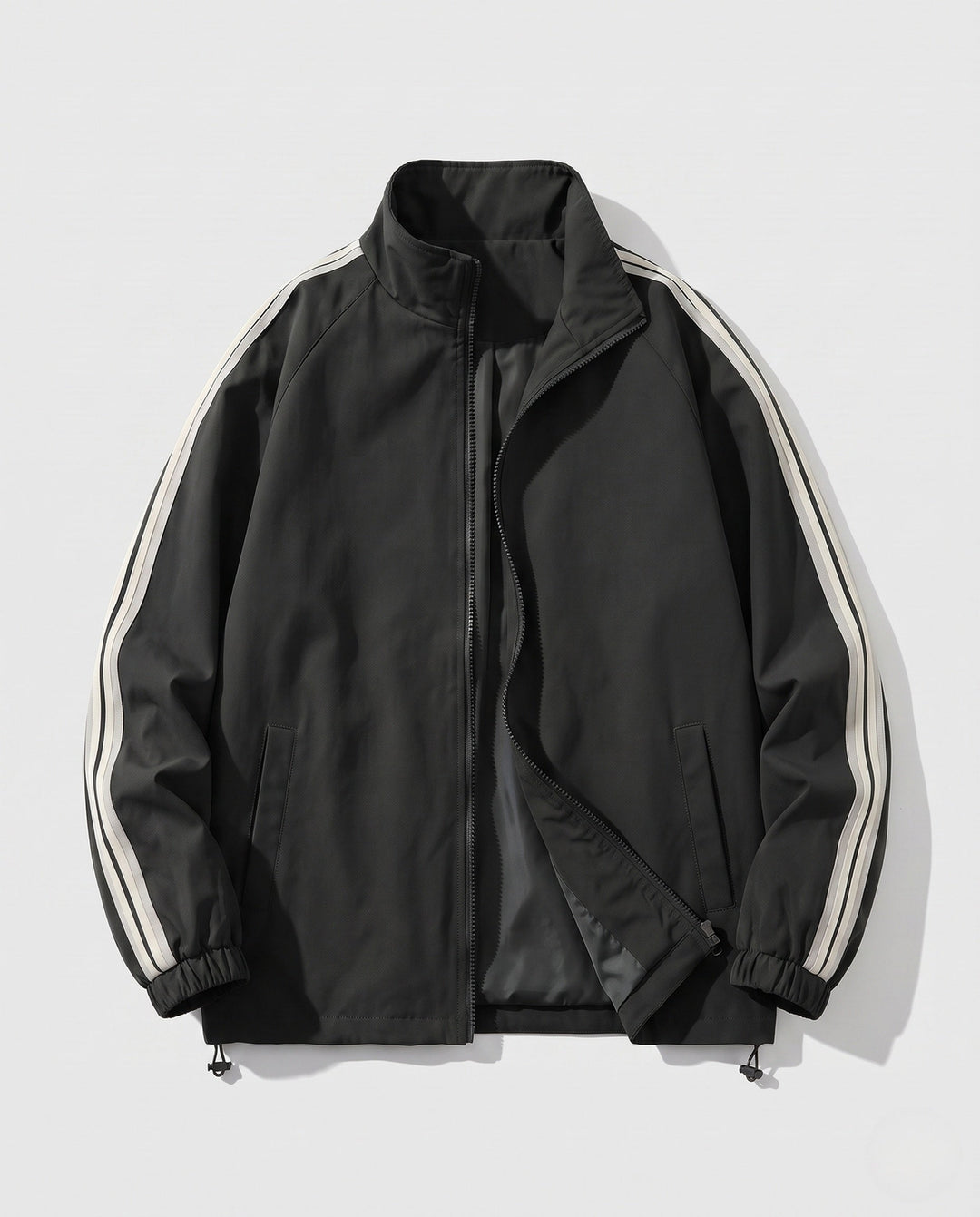 Men's lightweight sports jacket with sleeve stripes, full-length zipper, and elastic cuffs