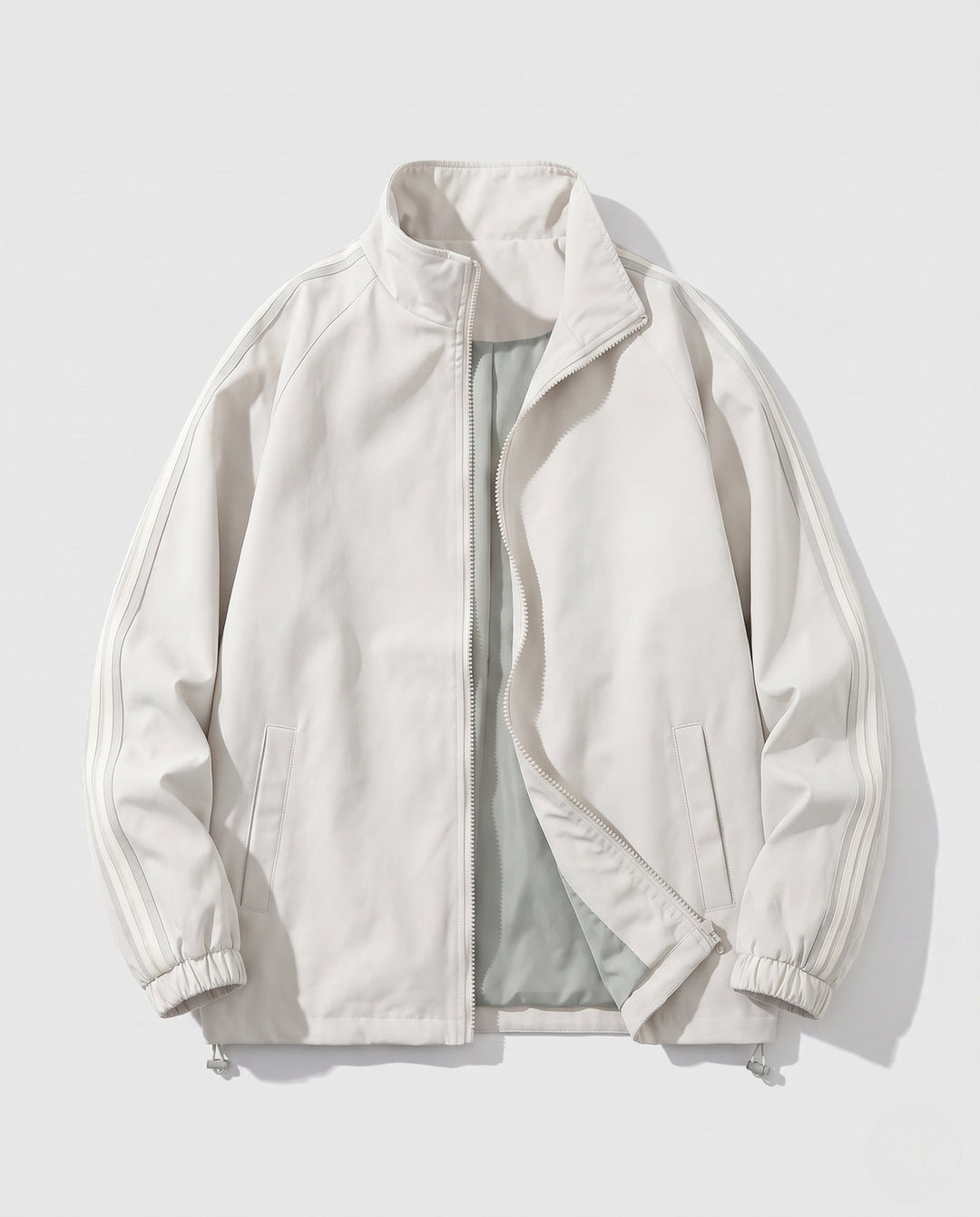 Men's lightweight sports jacket with sleeve stripes, full-length zipper, and elastic cuffs