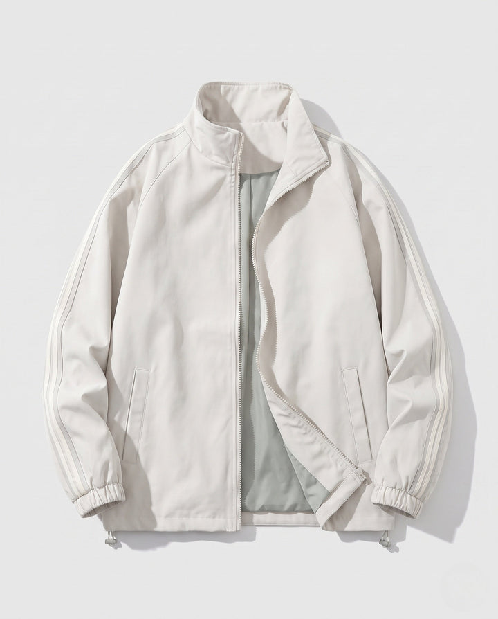 Men's lightweight sports jacket with sleeve stripes, full-length zipper, and elastic cuffs