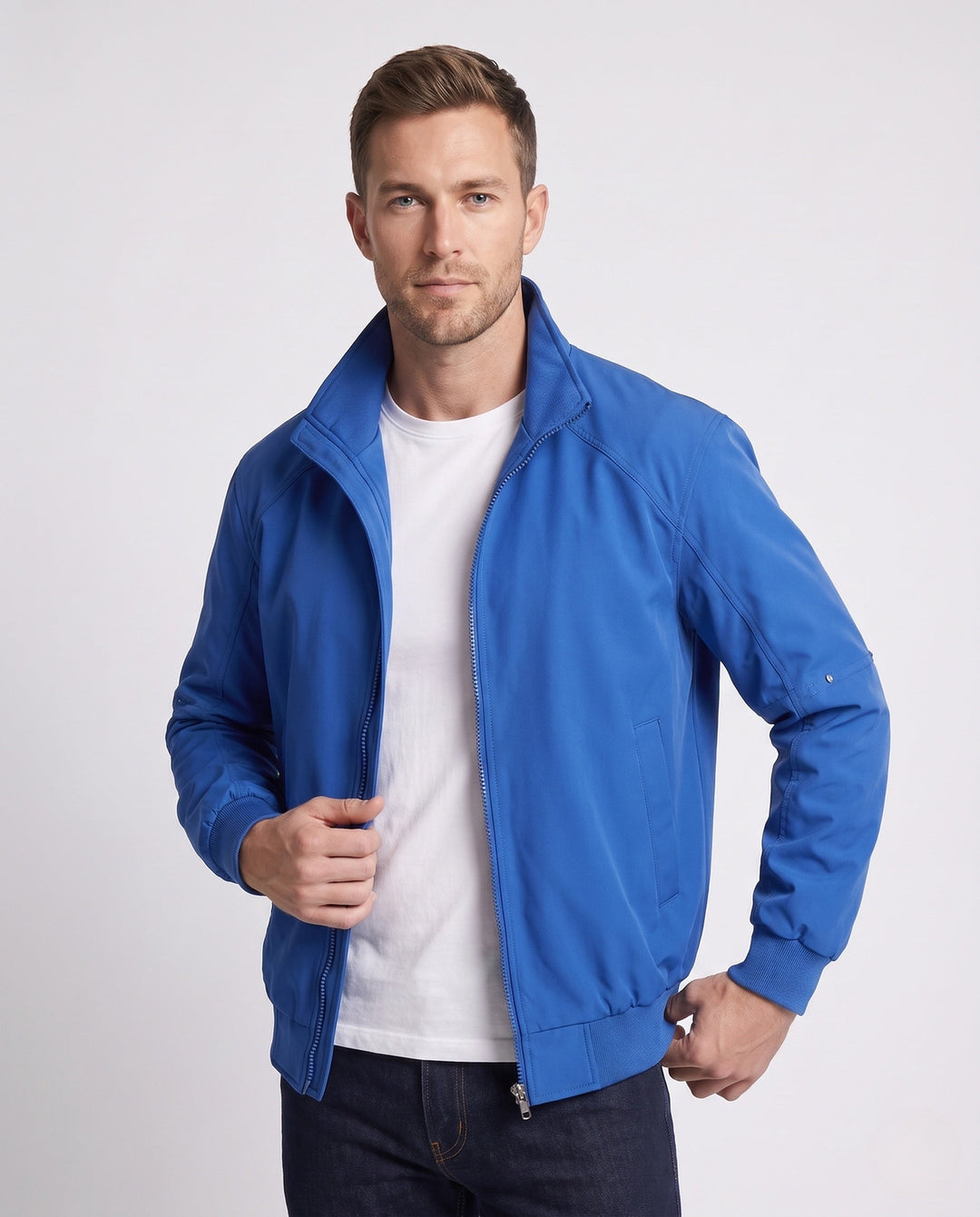 Men's lightweight urban blouson with standing collar, elastic hem, and sleeve pocket