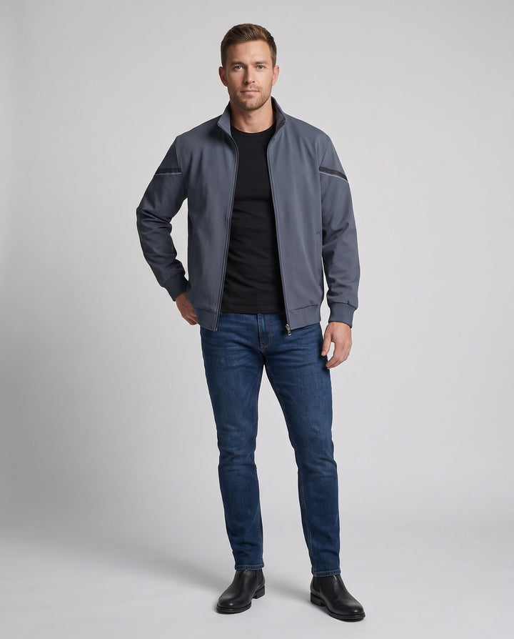 Men's lightweight zip training jacket with stand-up collar, ribbed cuffs and reflective sleeve stripes