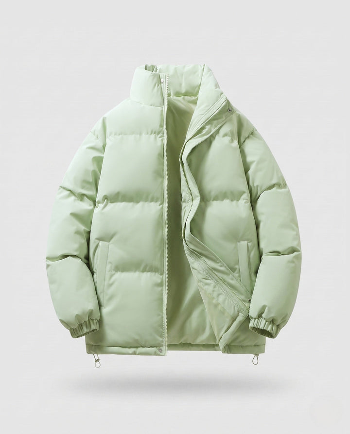 Men's minimalist thermal puffer jacket with high stand-up collar, internal wind protection, and elastic hem