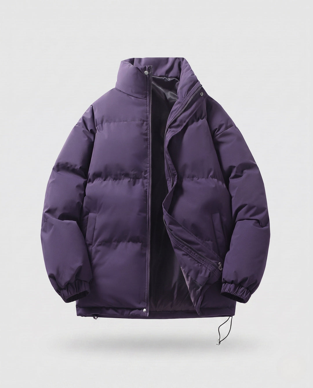 Men's minimalist thermal puffer jacket with high stand-up collar, internal wind protection, and elastic hem