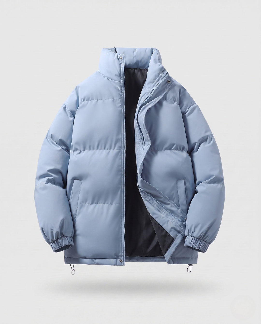 Men's minimalist thermal puffer jacket with high stand-up collar, internal wind protection, and elastic hem