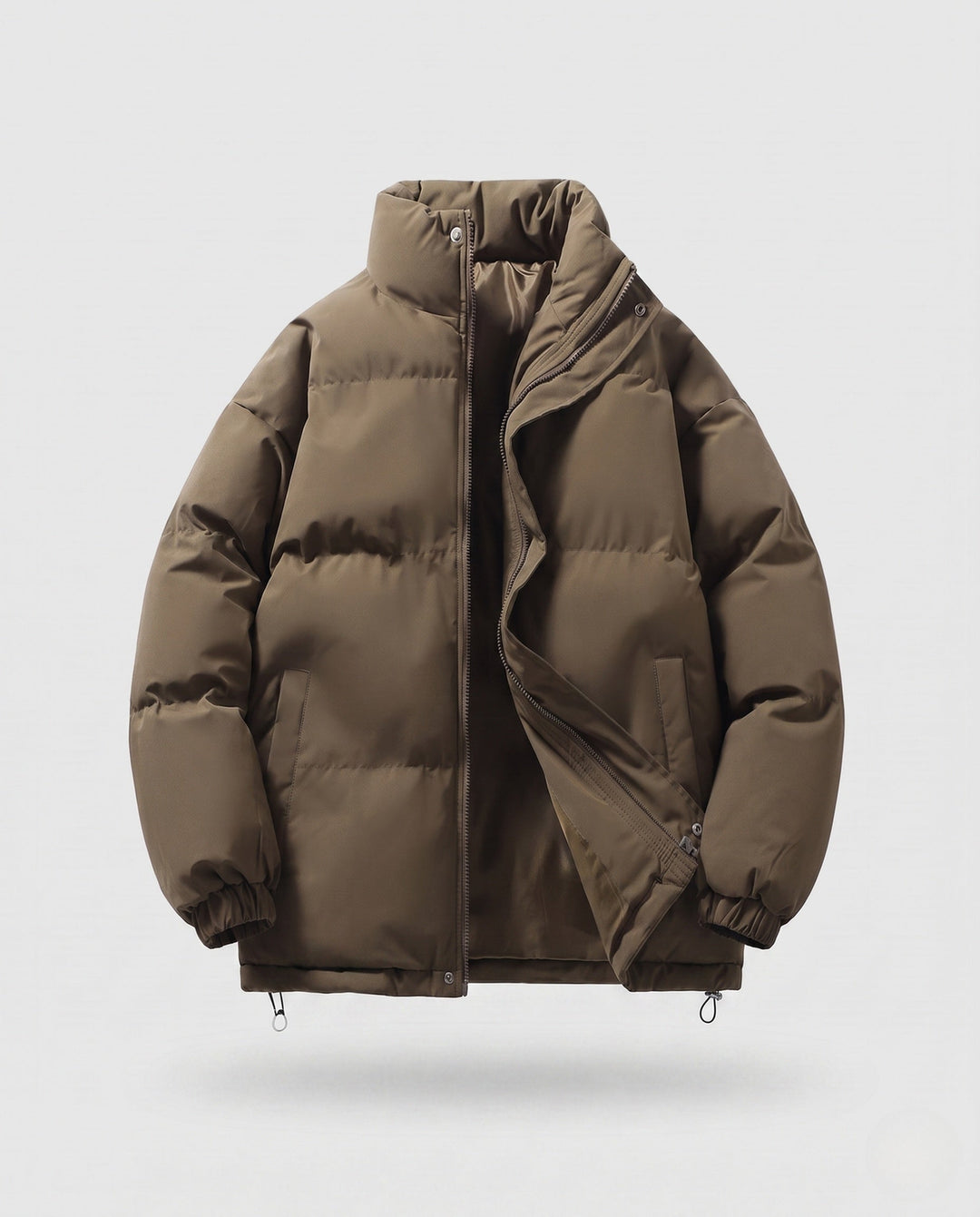 Men's minimalist thermal puffer jacket with high stand-up collar, internal wind protection, and elastic hem