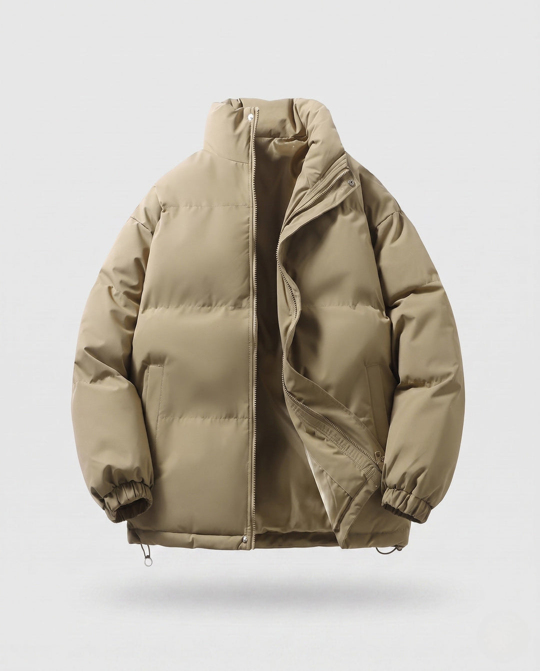 Men's minimalist thermal puffer jacket with high stand-up collar, internal wind protection, and elastic hem