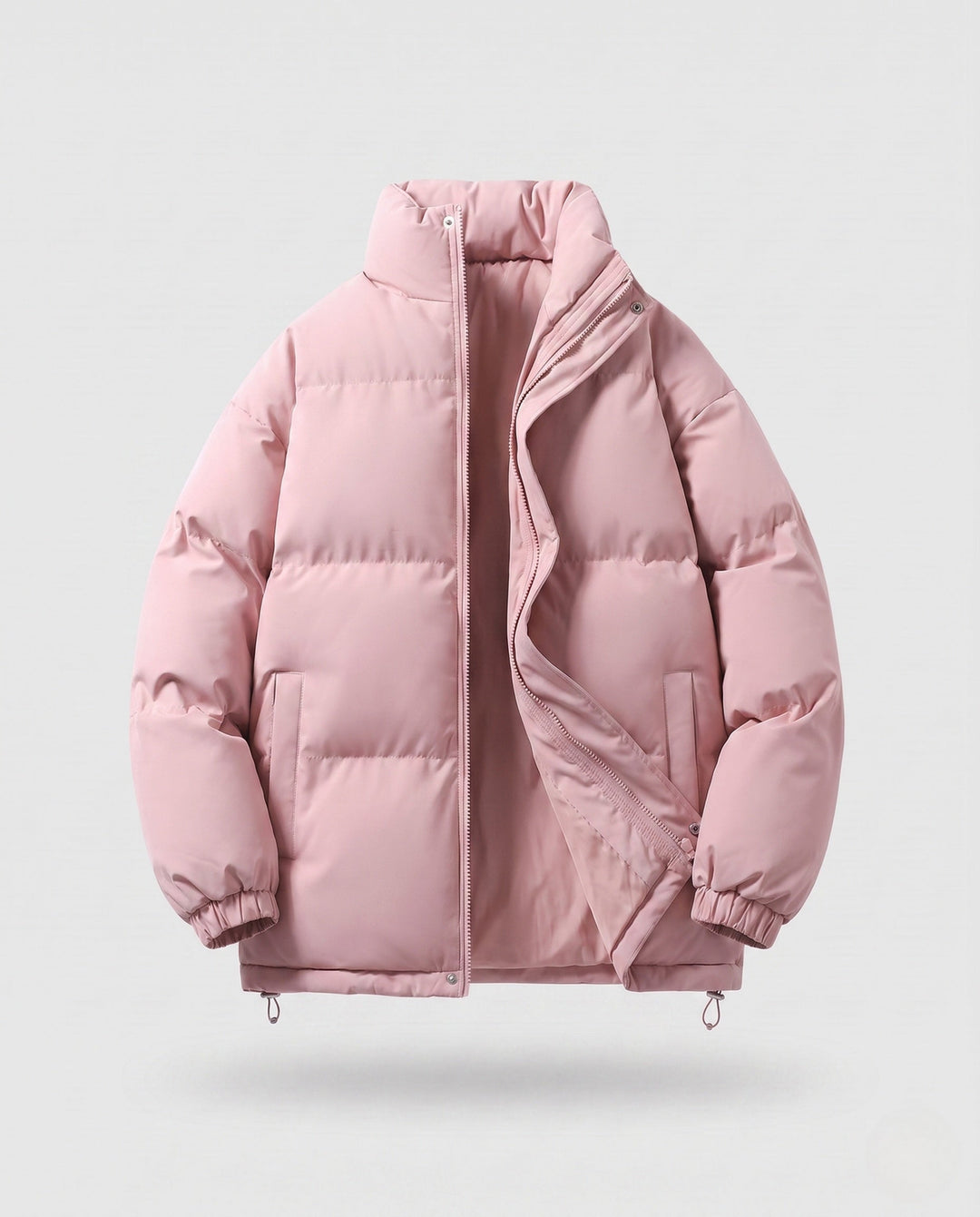 Men's minimalist thermal puffer jacket with high stand-up collar, internal wind protection, and elastic hem