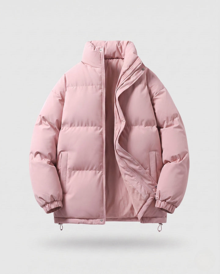 Men's minimalist thermal puffer jacket with high stand-up collar, internal wind protection, and elastic hem
