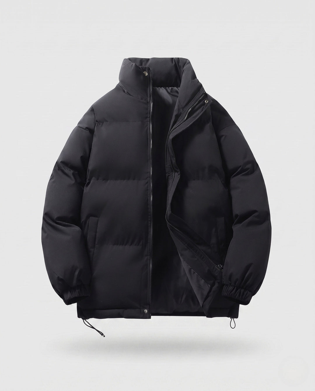 Men's minimalist thermal puffer jacket with high stand-up collar, internal wind protection, and elastic hem