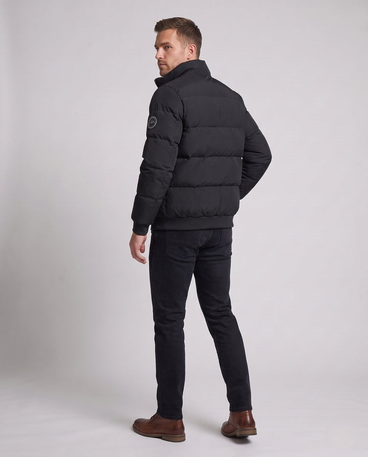 Men's Modern City Puffer with high closed collar, thermal insulation padding, concealed two-way zipper, and zip pockets