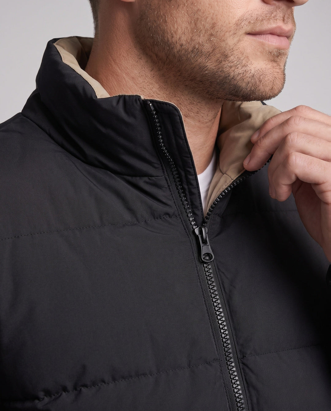 Men's Modern City Puffer with high closed collar, thermal insulation padding, concealed two-way zipper, and zip pockets