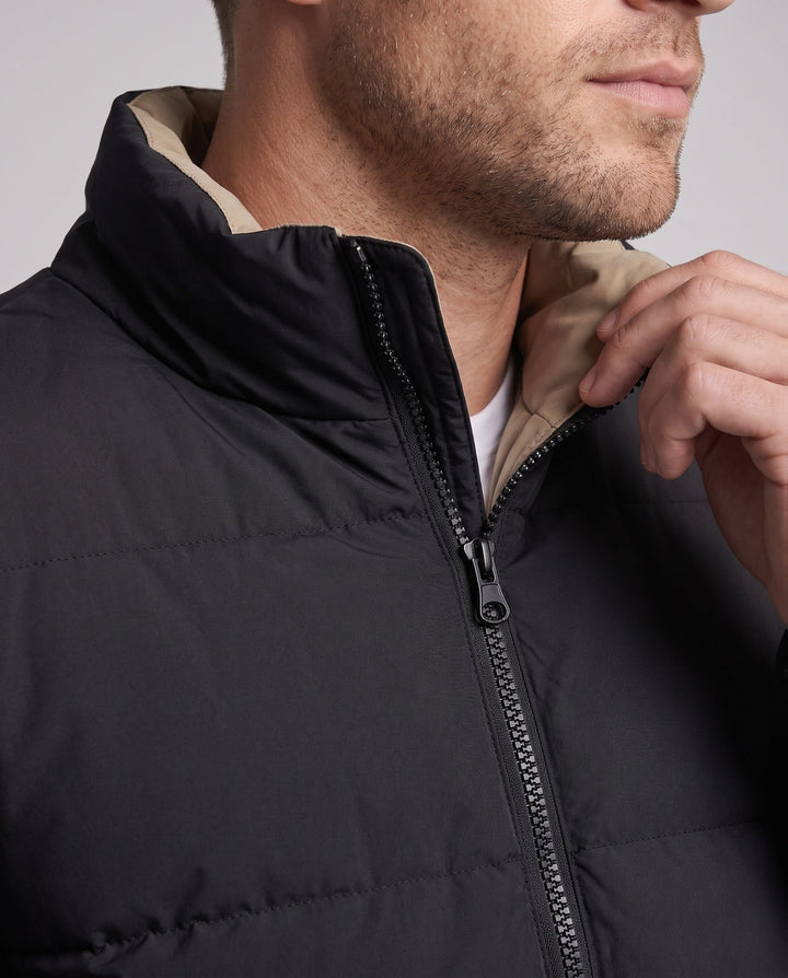 Men's Modern City Puffer with high closed collar, thermal insulation padding, concealed two-way zipper, and zip pockets