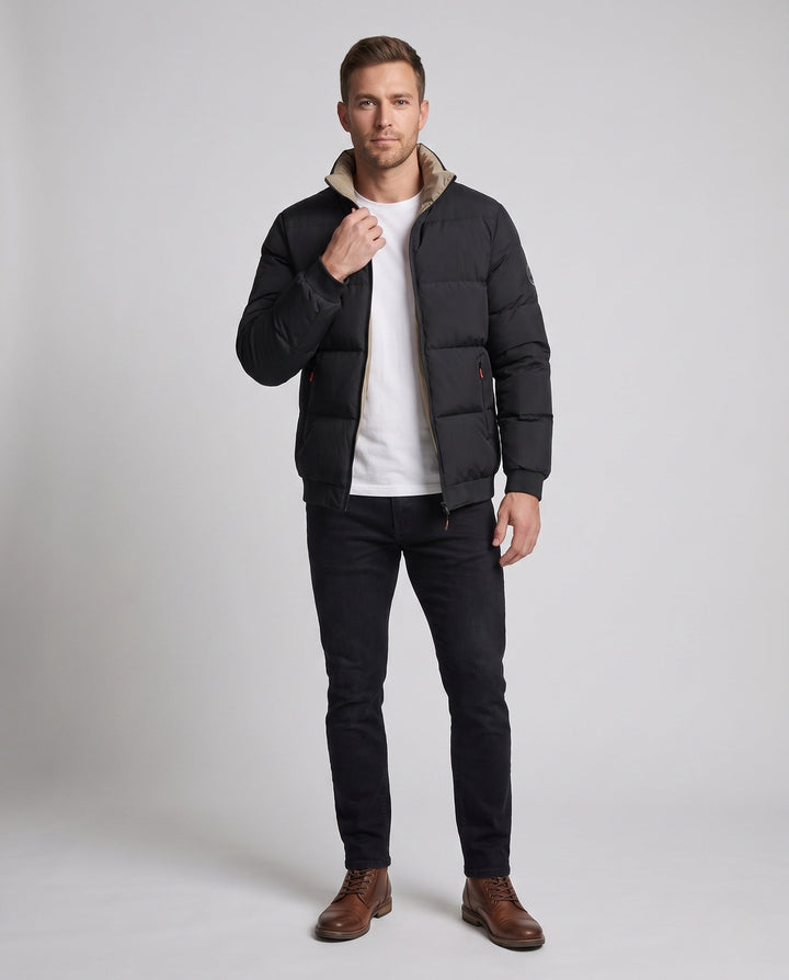 Men's Modern City Puffer with high closed collar, thermal insulation padding, concealed two-way zipper, and zip pockets