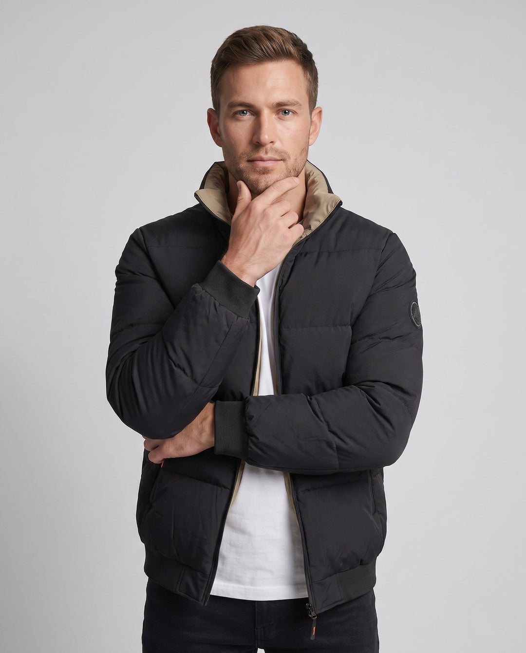 Men's Modern City Puffer with high closed collar, thermal insulation padding, concealed two-way zipper, and zip pockets