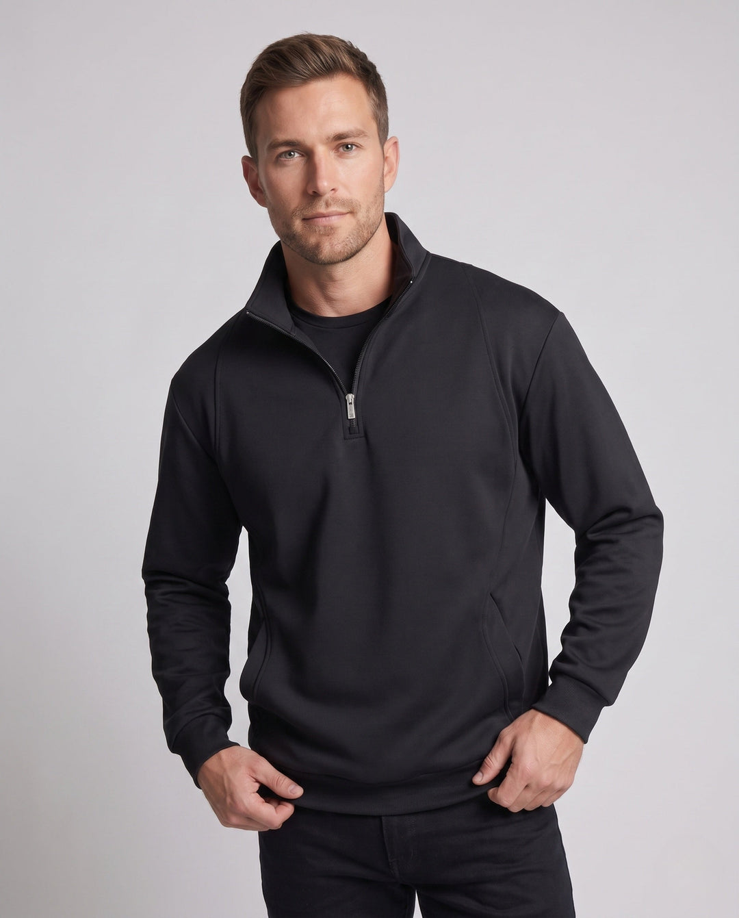 Men's oversized half-zip sweatshirt with stand collar and kangaroo pocket