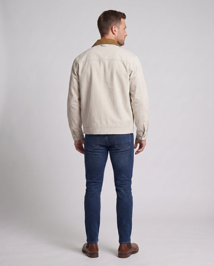 Men's oversized Harrington jacket with full zip, patch chest pocket, and elastic hem