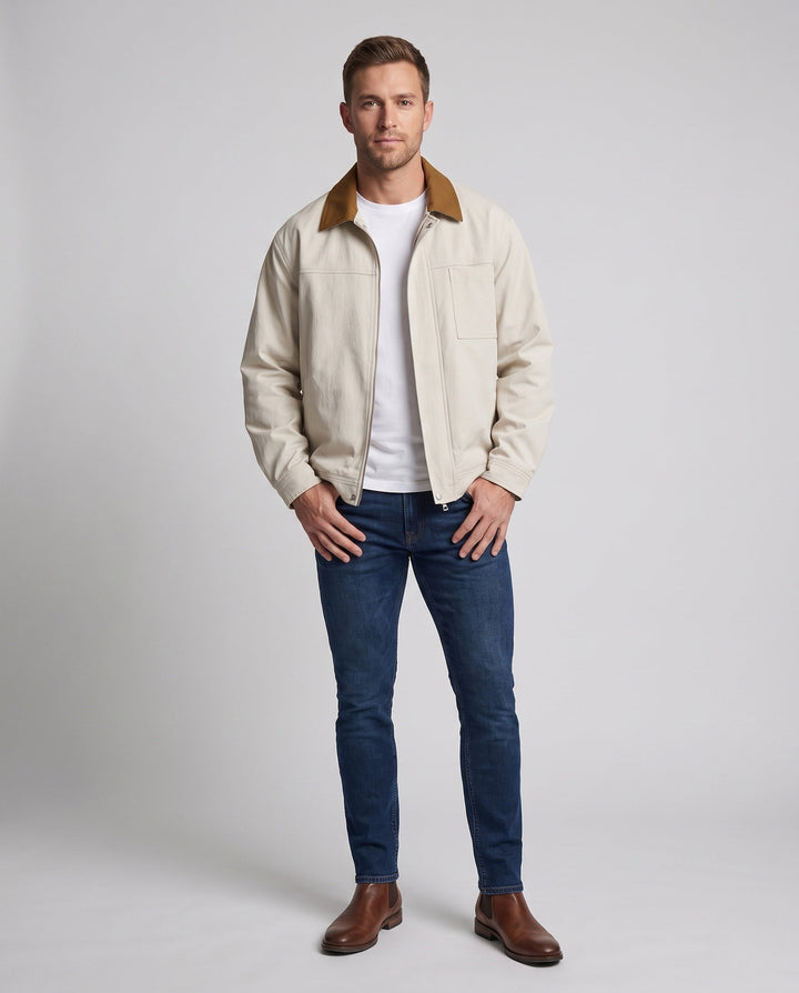 Men's oversized Harrington jacket with full zip, patch chest pocket, and elastic hem