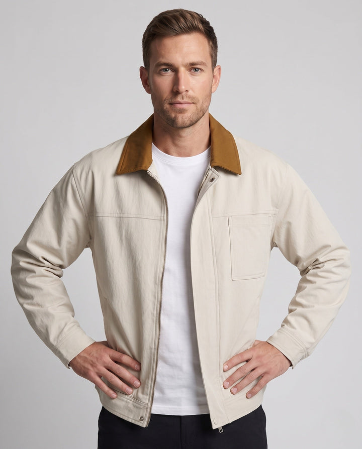Men's oversized Harrington jacket with full zip, patch chest pocket, and elastic hem