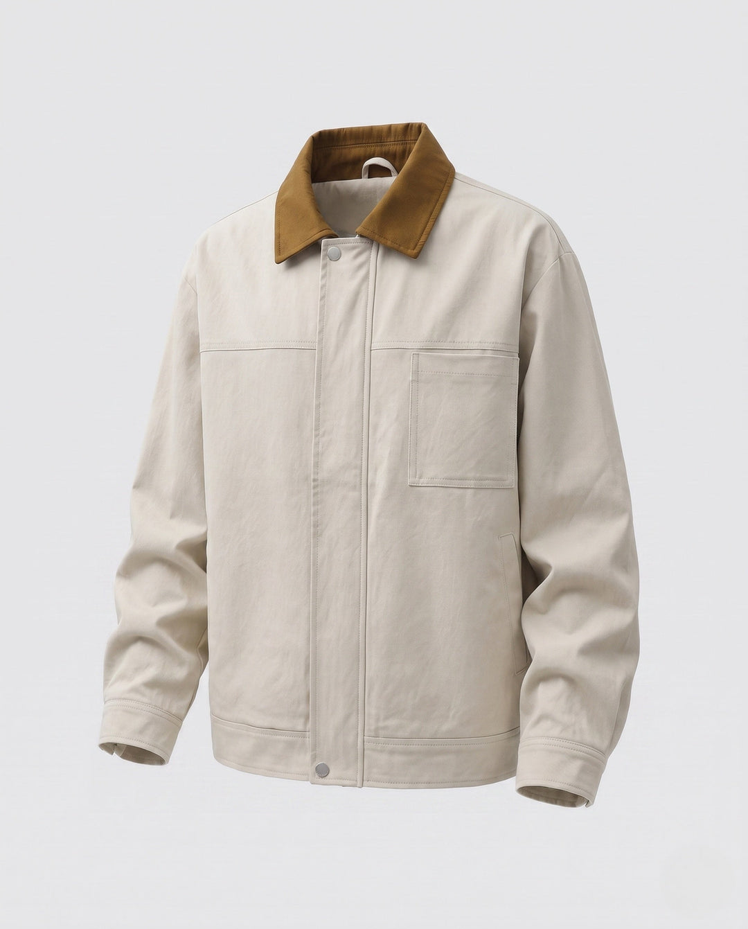 Men's oversized Harrington jacket with full zip, patch chest pocket, and elastic hem