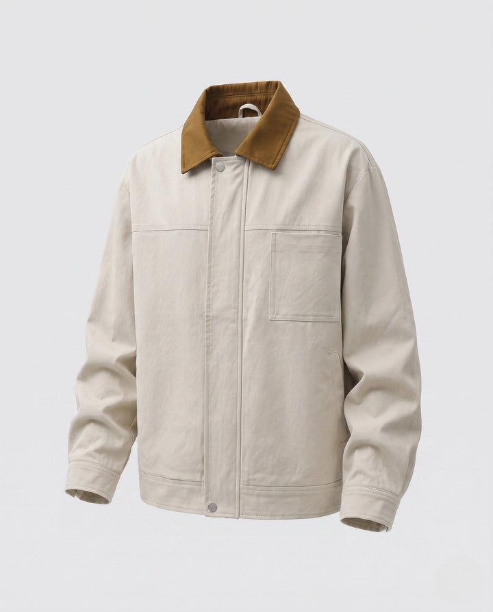 Men's oversized Harrington jacket with full zip, patch chest pocket, and elastic hem