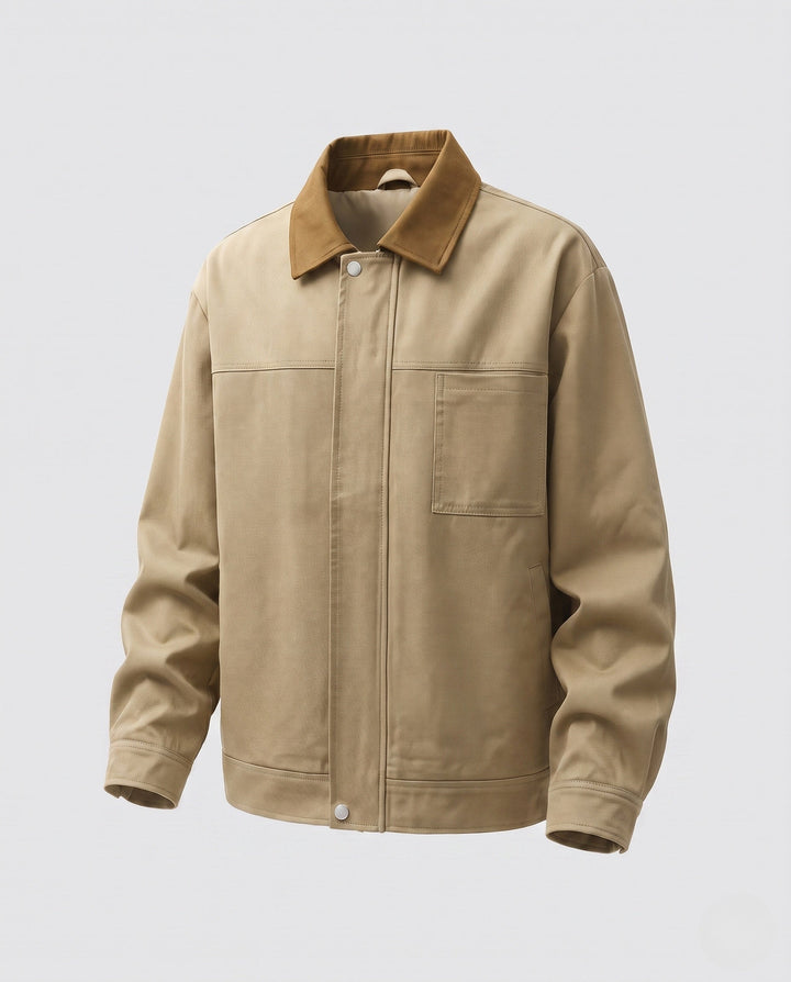 Men's oversized Harrington jacket with full zip, patch chest pocket, and elastic hem