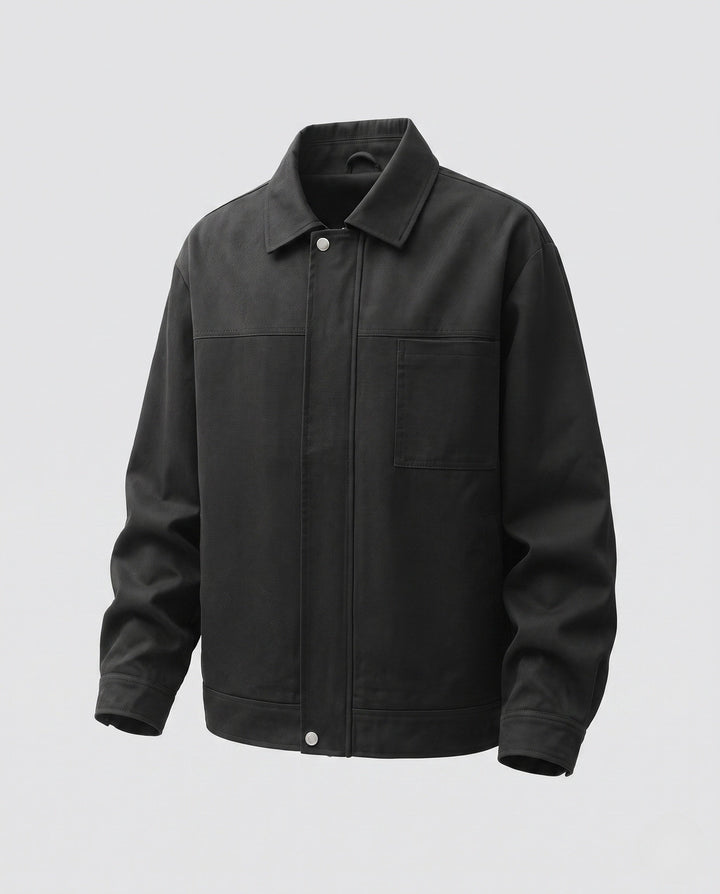 Men's oversized Harrington jacket with full zip, patch chest pocket, and elastic hem