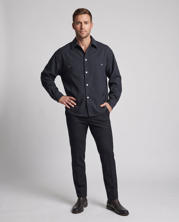 Men's Oversized Shirt Jacket with Snap Button Placket, Rounded Hem and Soft Canvas Fabric