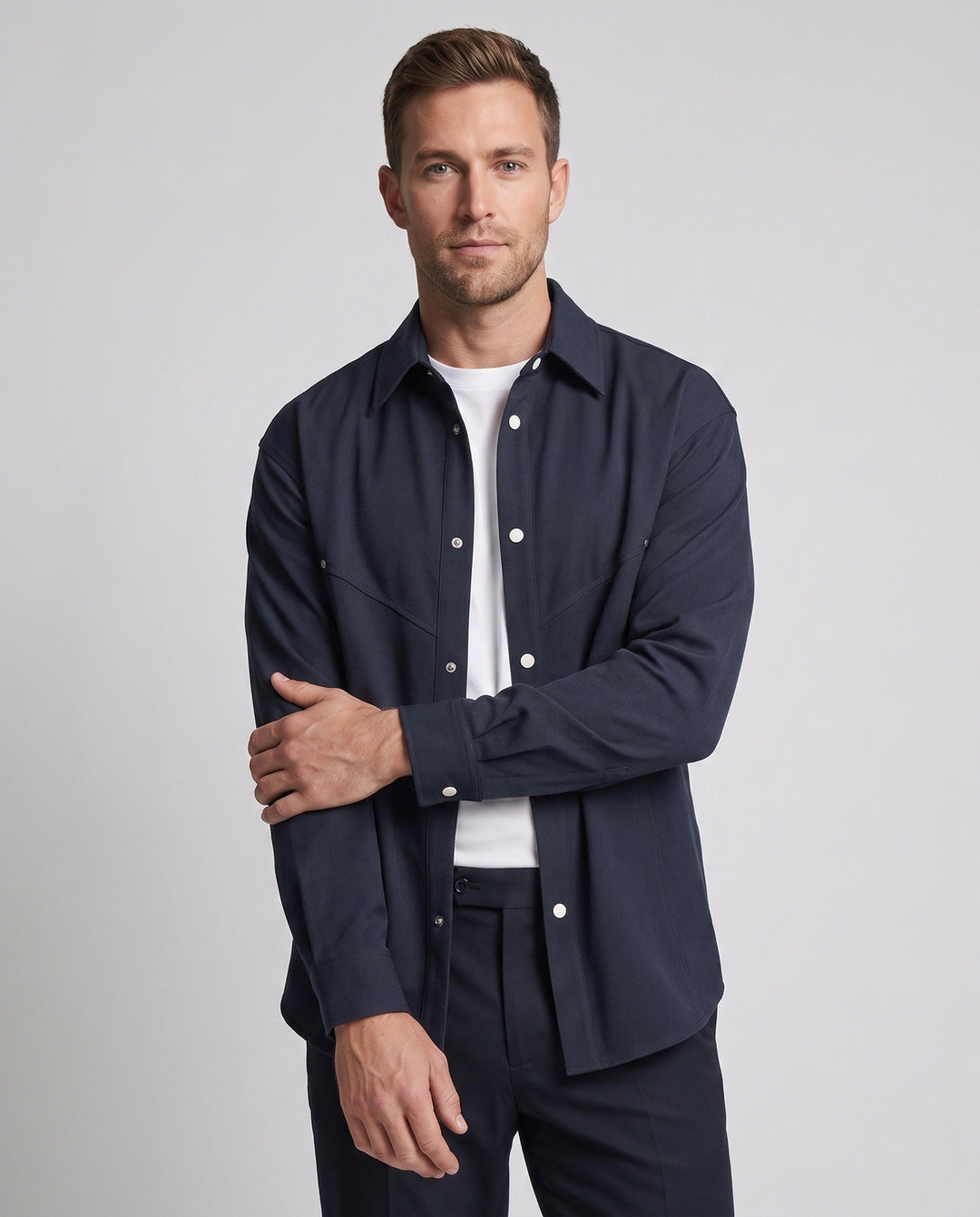 Men's Oversized Shirt Jacket with Snap Button Placket, Rounded Hem and Soft Canvas Fabric