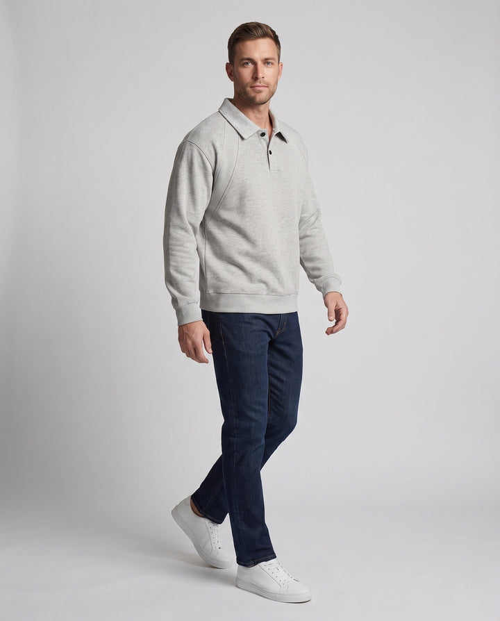 Men's oversized polo sweatshirt with raglan sleeves, shirt collar, and rounded hem