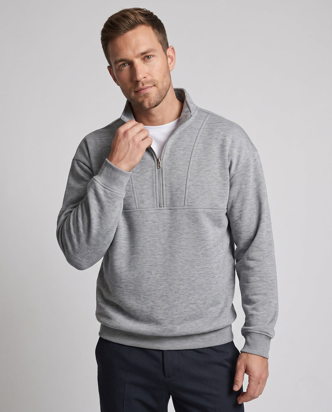 Men's oversized sweatshirt with half zip, stand-up collar, and raglan sleeves