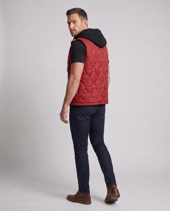 Men's diamond quilted hooded vest with fleece lining and concealed zipper