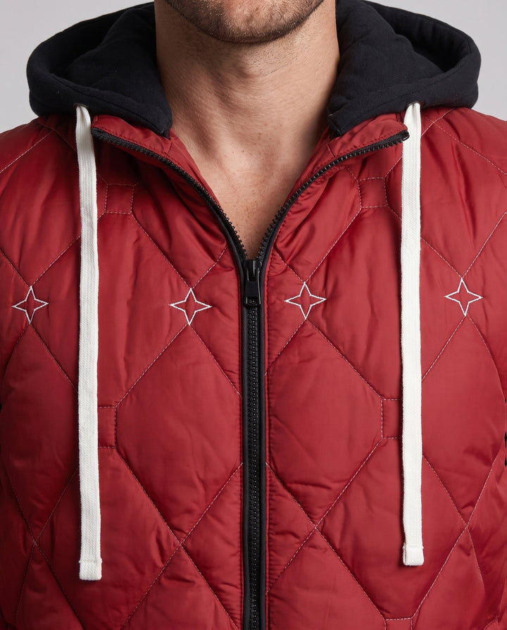 Men's diamond quilted hooded vest with fleece lining and concealed zipper